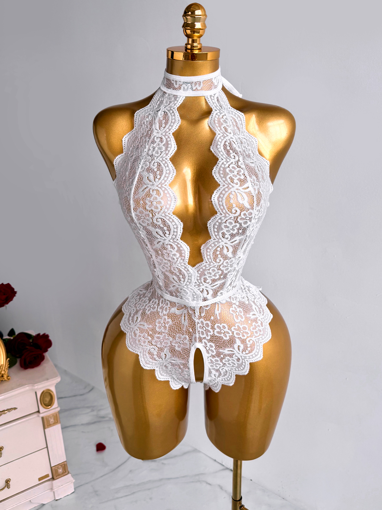 White Halter Neck Floral Lace  - Lace Teddy Lingerie ulasan dan harga