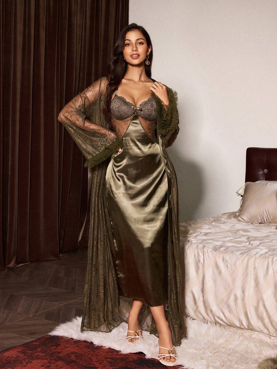 Sexy Criss-Cross Lace Silk Sat - Robe Silk Women ulasan dan harga