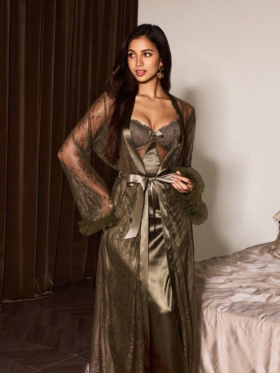 Sexy Criss-Cross Lace Silk Sat - Robe Silk Women ulasan dan harga